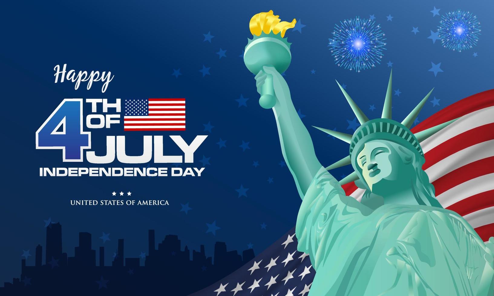 4 de julio. fondo feliz día de la independencia de américa con bandera ondeante y estatua de la libertad vector