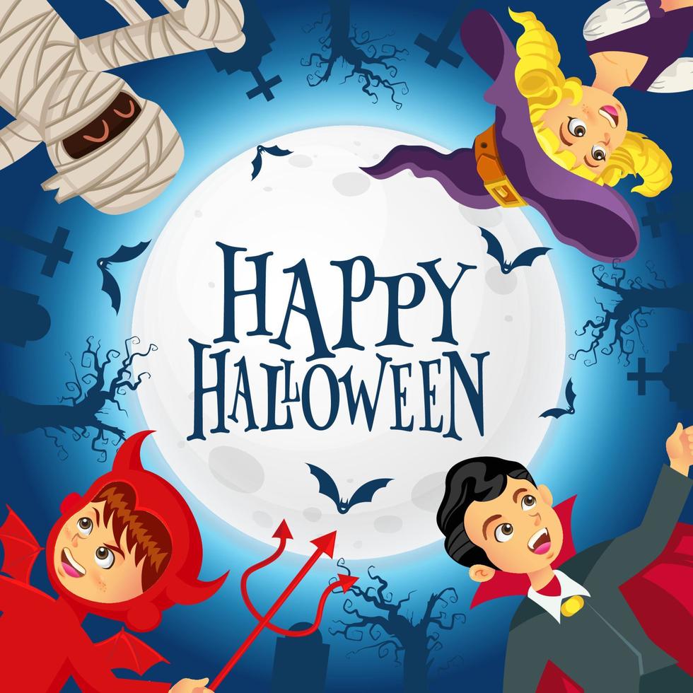 Happy halloween background with kids dressed in halloween costume in graveyard and the full moon background vector