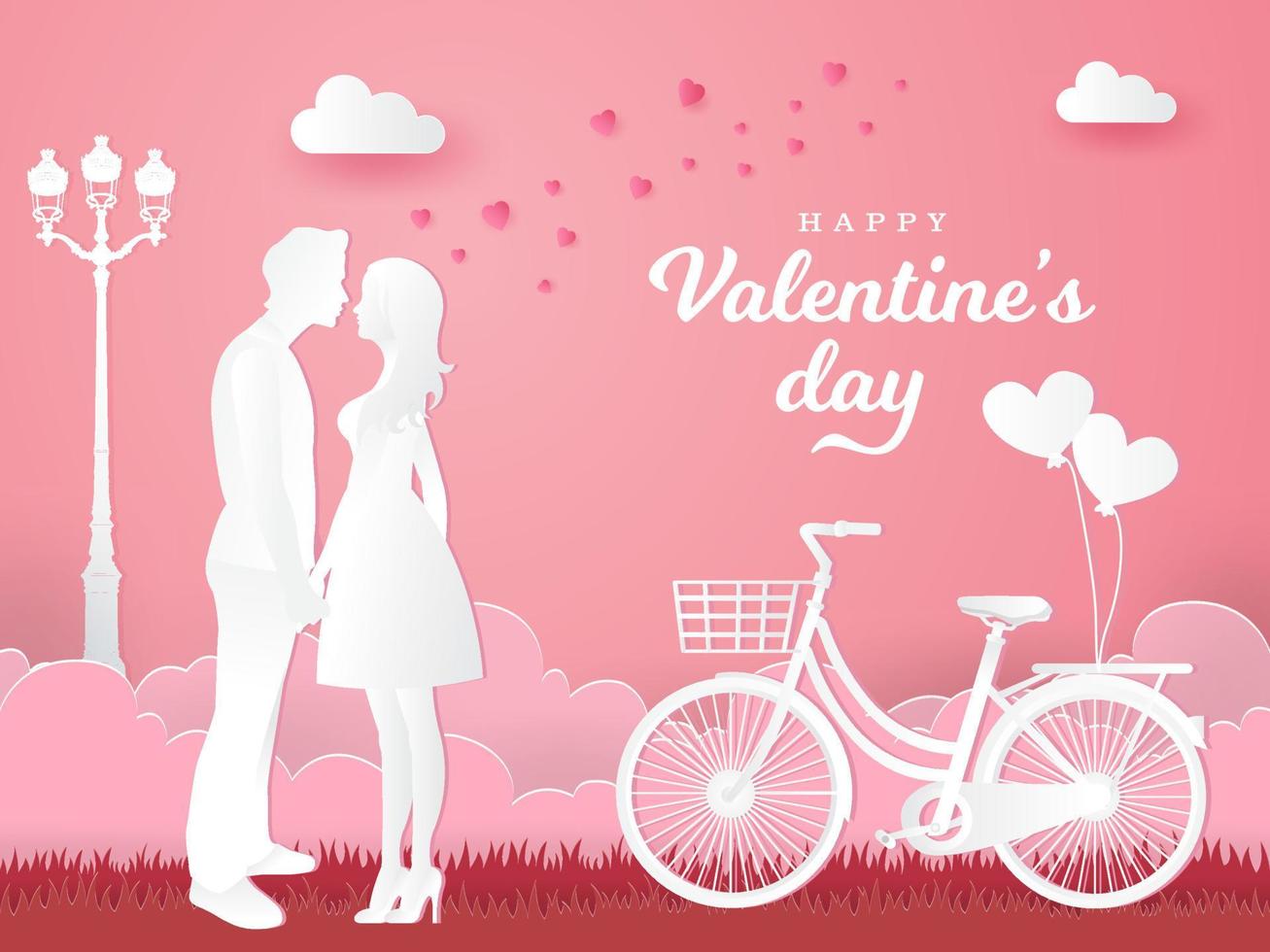 tarjeta de felicitación del día de san valentín. pareja enamorada tomándose de la mano y mirándose con bicicleta sobre fondo rosa vector