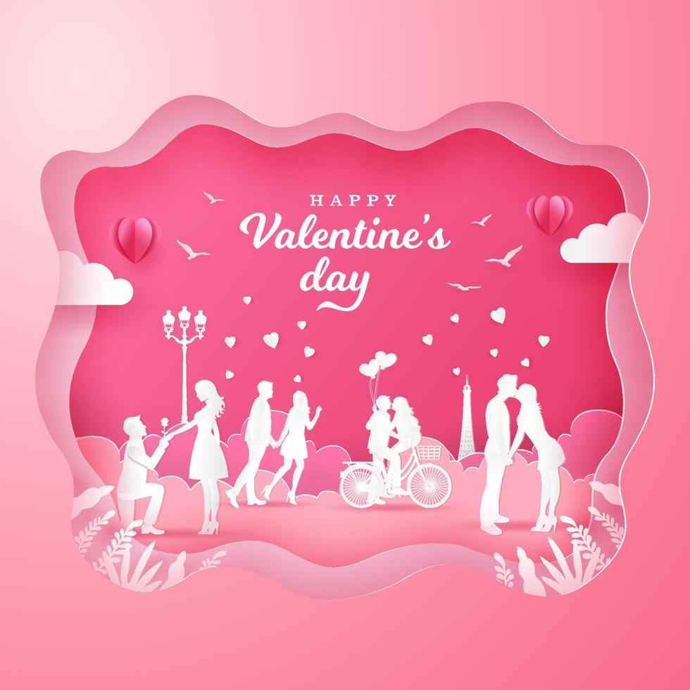 Valentine's Day background with romantic couples in love on pink background. vector