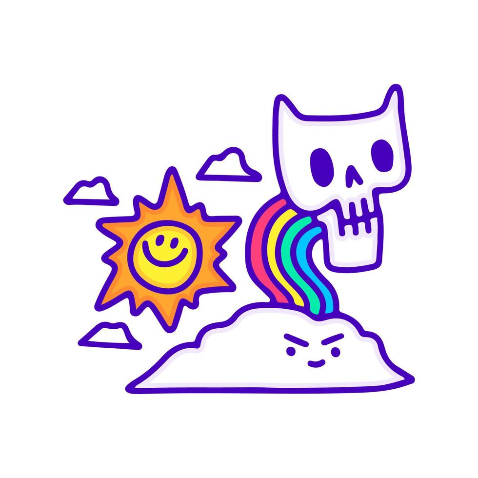 cráneo y sol del arco iris, ilustración para camisetas, pegatinas o prendas de vestir. con pop moderno y estilo retro. vector