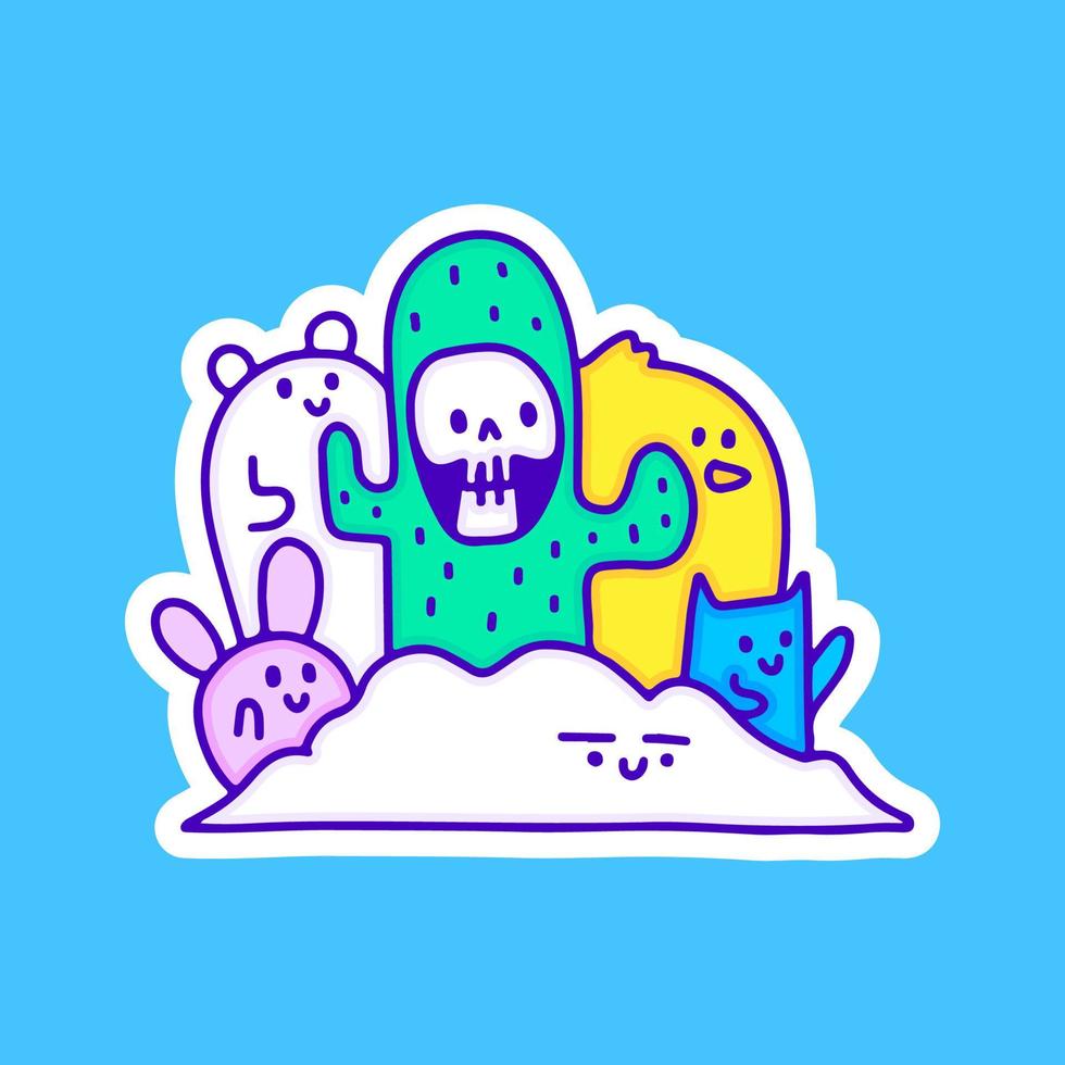 cráneo de cactus con linda ilustración de animales para camisetas, pegatinas o prendas de vestir. con pop moderno y estilo retro. vector