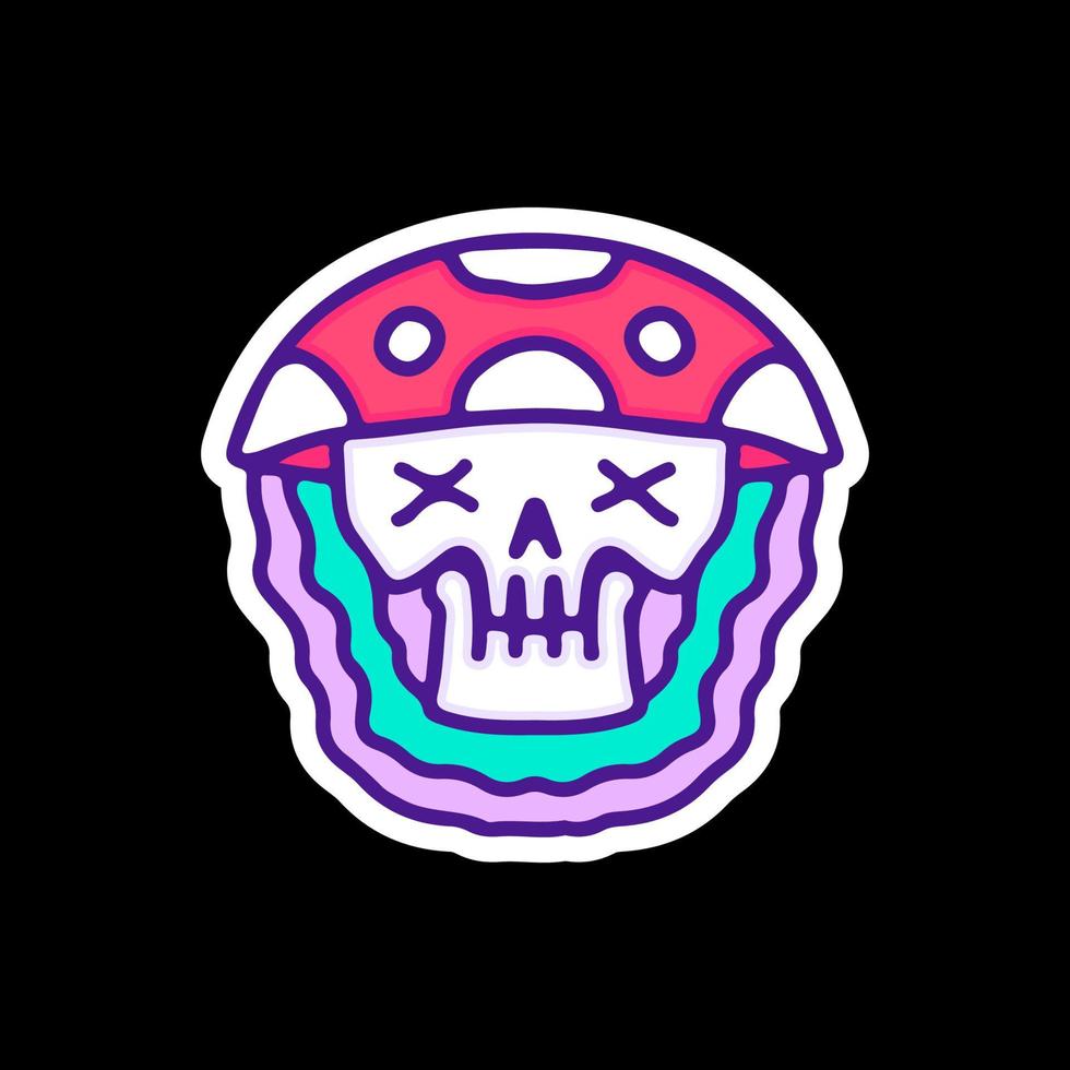 Trippy mushroom skull illustration, with soft pop style and old style 90s cartoon drawings. Artwork for street wear, t shirt, patchworks. vector