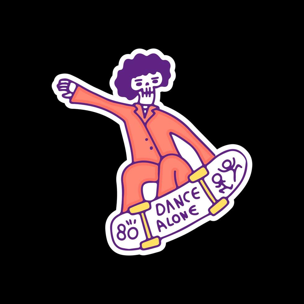 Afro skull freestyle with skateboard illustration, with old style 90s cartoon drawings. Artwork for street wear, t shirt, posters, patchworks, enamel pins. vector