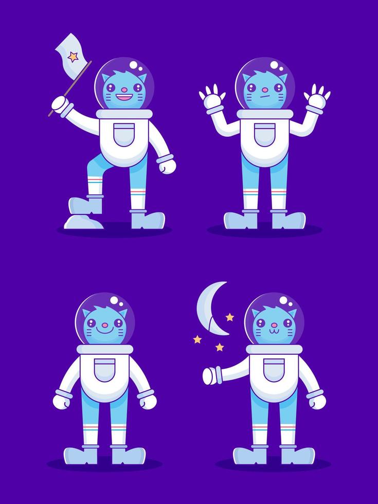 juego de gato con personaje de mascota de traje de astronauta. ilustración para camisetas, afiches, logotipos, pegatinas o prendas de vestir. estilo pop suave. vector