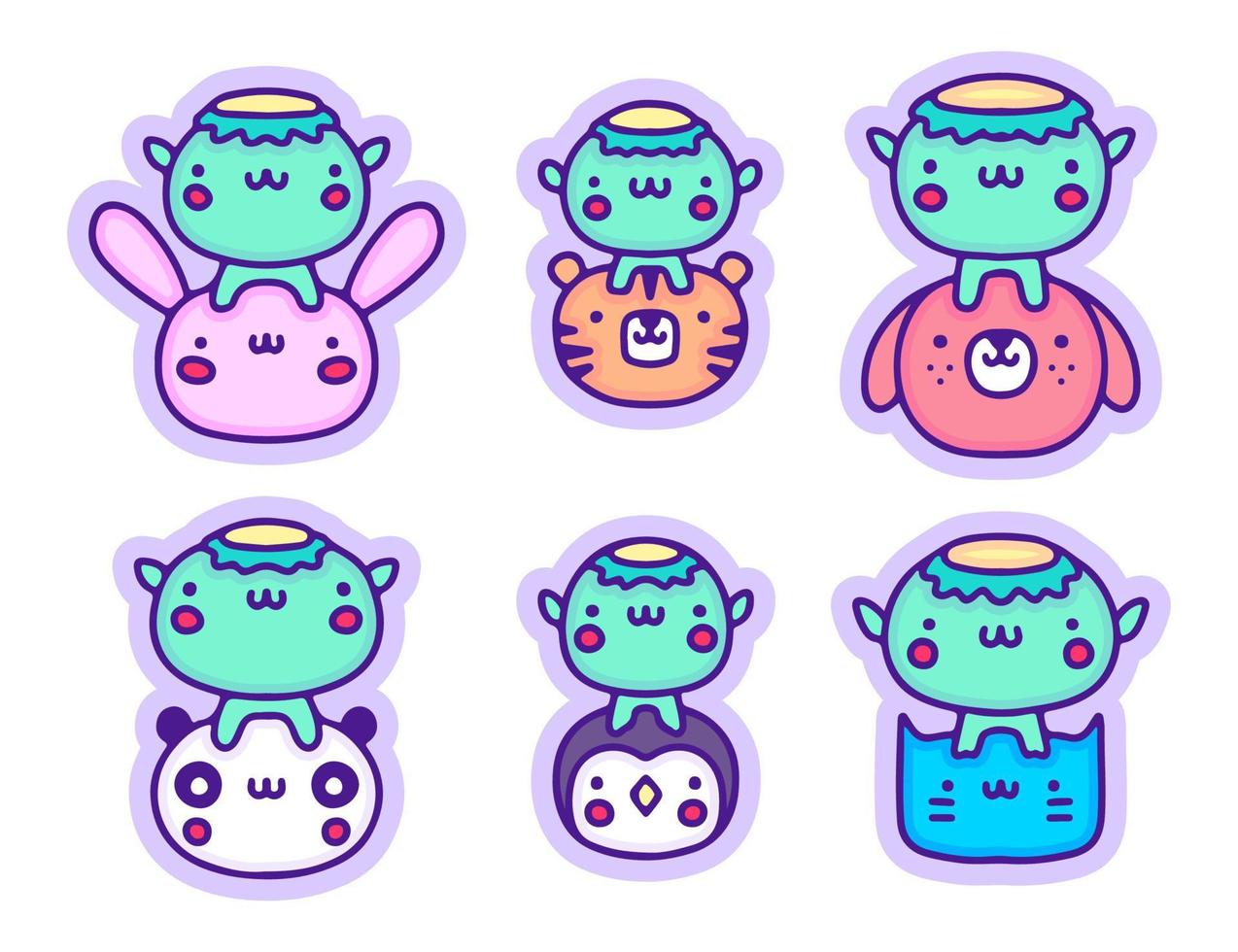 Set of kawaii kappa and animals character doodle illustration, with modern pop style and old style 90s cartoon drawings. Artwork for sticker, patchworks. vector