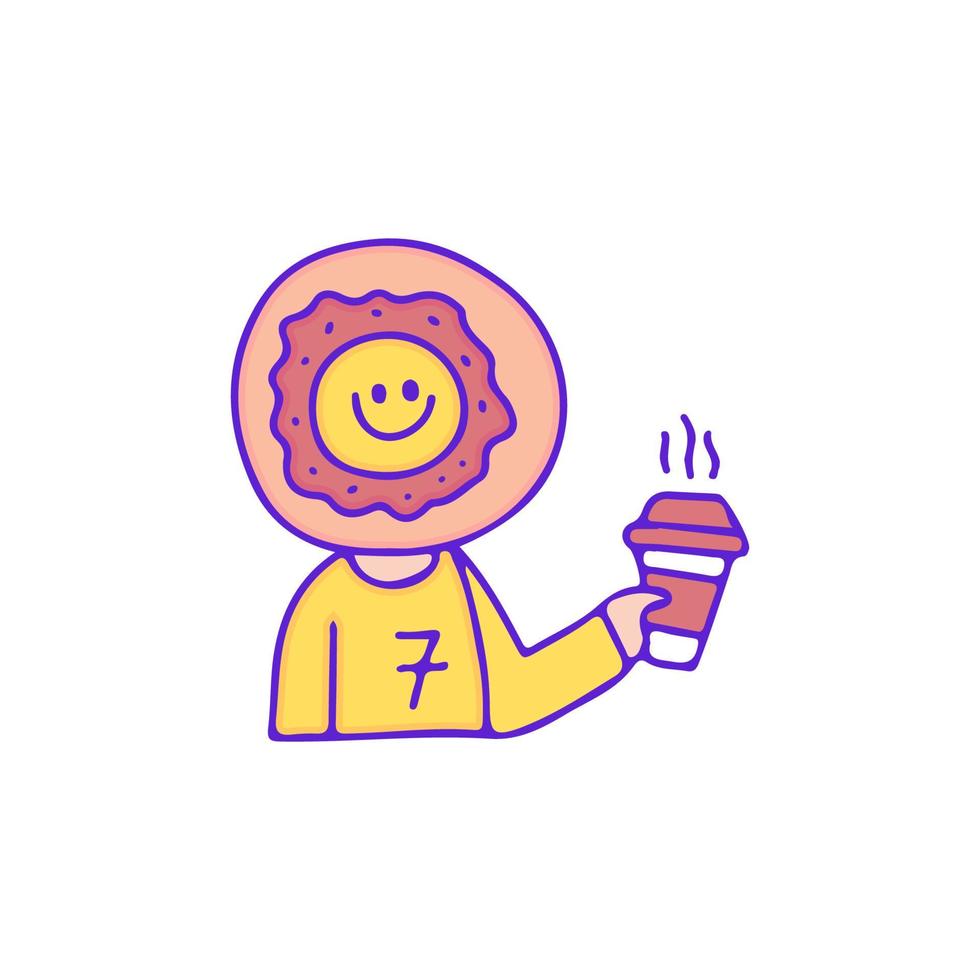 Cute donut character drink a cup of coffee, illustration for t-shirt, sticker, or apparel merchandise. With doodle, retro, and cartoon style. vector