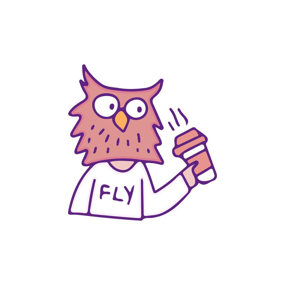 Cool owl character drink a cup of coffee, illustration for t-shirt, sticker, or apparel merchandise. With doodle, retro. vector