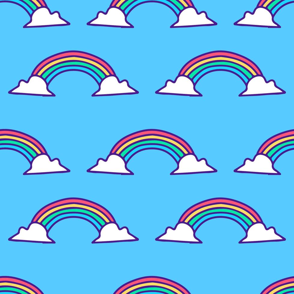 Cute rainbow and clouds doodle illustration, with modern pop style and old style 90s cartoon drawings. Artwork for background seamless pattern. vector