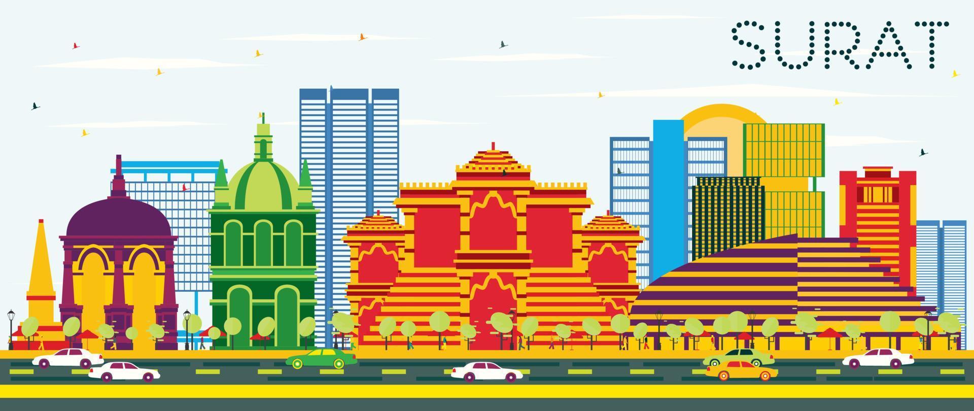 Surat Skyline with Color Buildings and Blue Sky. vector