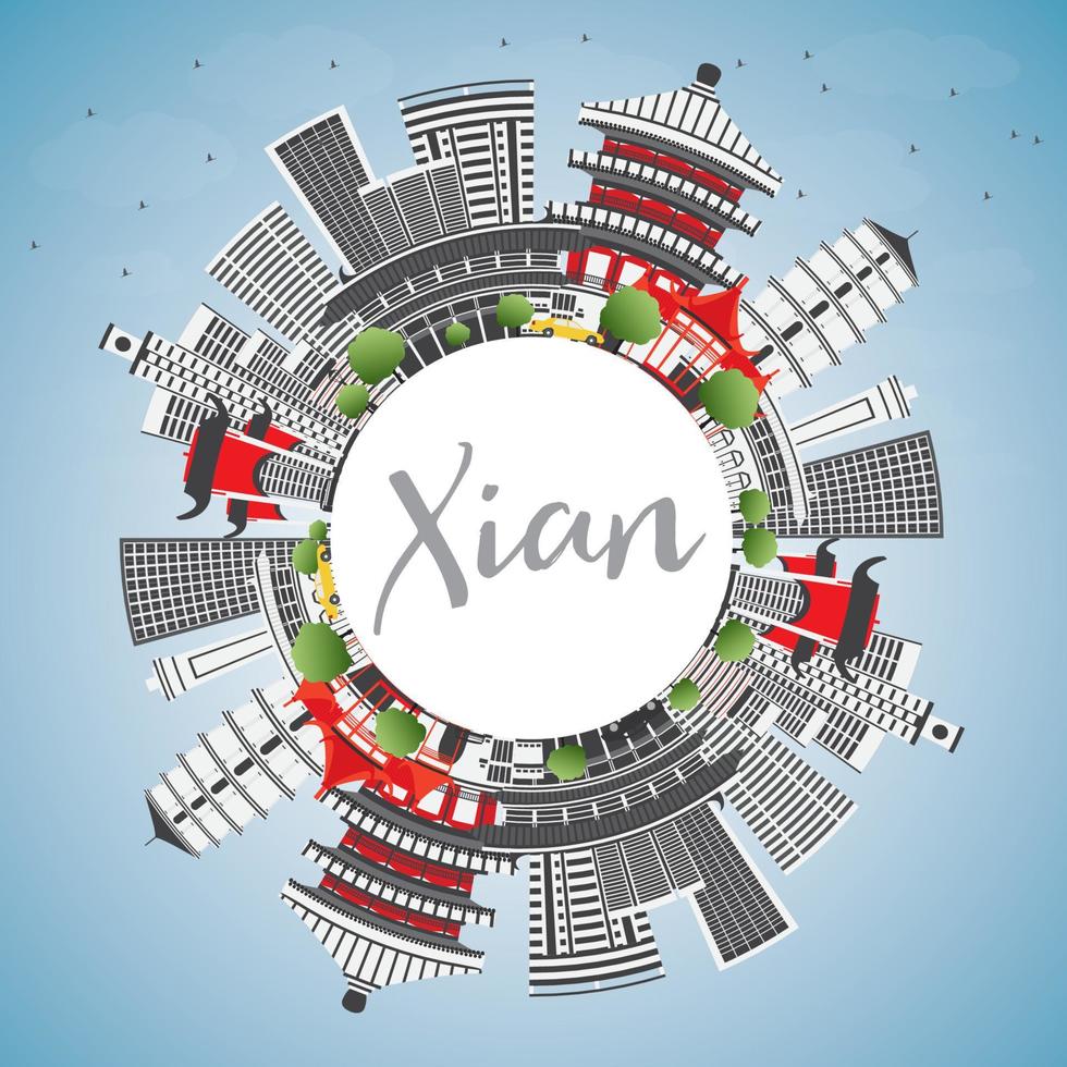Xian Skyline with Gray Buildings, Blue Sky and Copy Space. vector