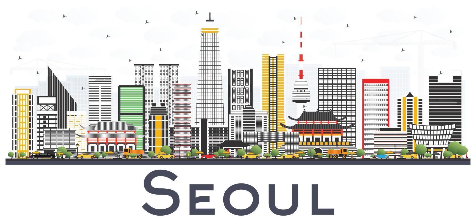 Seoul Korea City Skyline with Color Buildings Isolated on White Background. vector