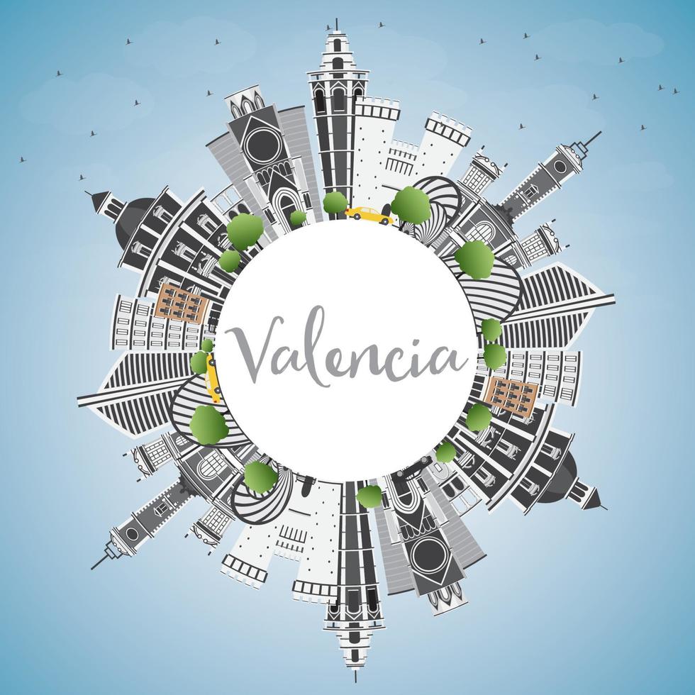 Valencia Skyline with Gray Buildings, Blue Sky and Copy Space. vector