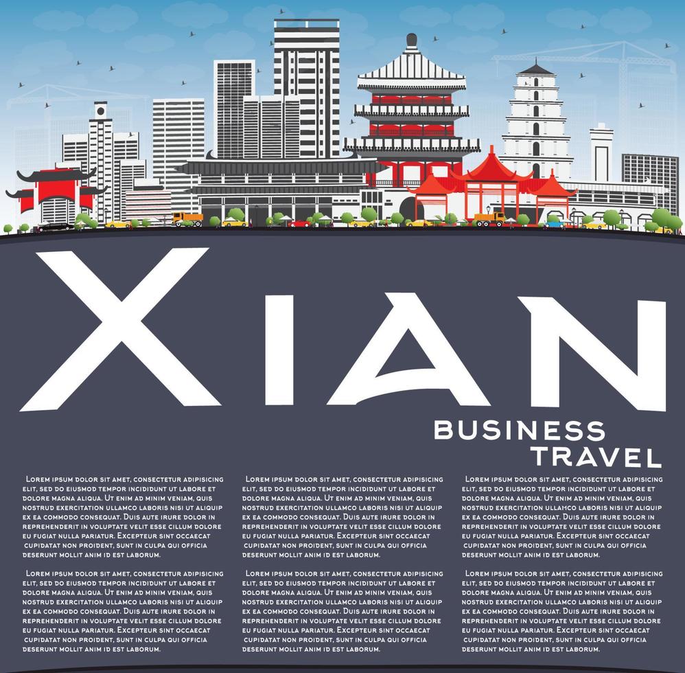 Xian Skyline with Gray Buildings, Blue Sky and Copy Space. vector