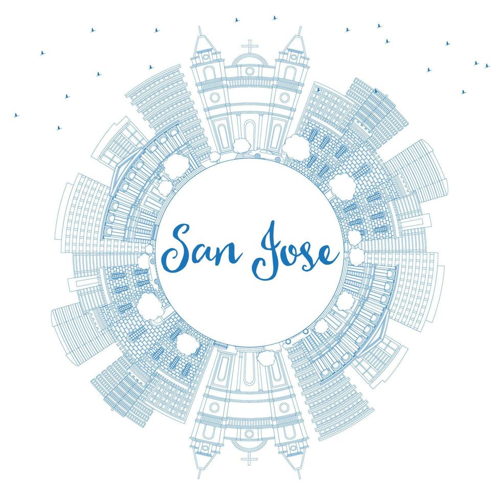 Outline San Jose Skyline with Blue Buildings and Copy Space. vector