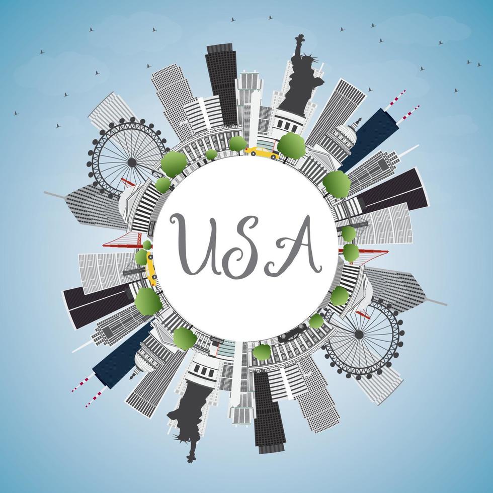 USA Skyline with Gray Skyscrapers, Landmarks and Copy Space. vector