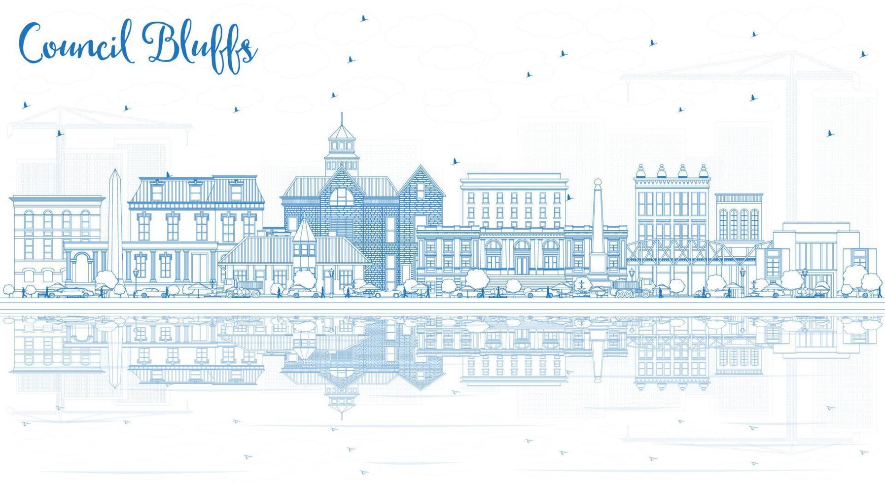Outline Council Bluffs Iowa City Skyline with Blue Buildings and Reflections. vector