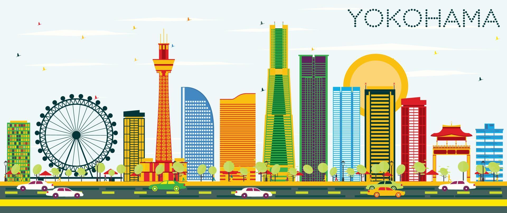 Yokohama Skyline with Color Buildings and Blue Sky. vector