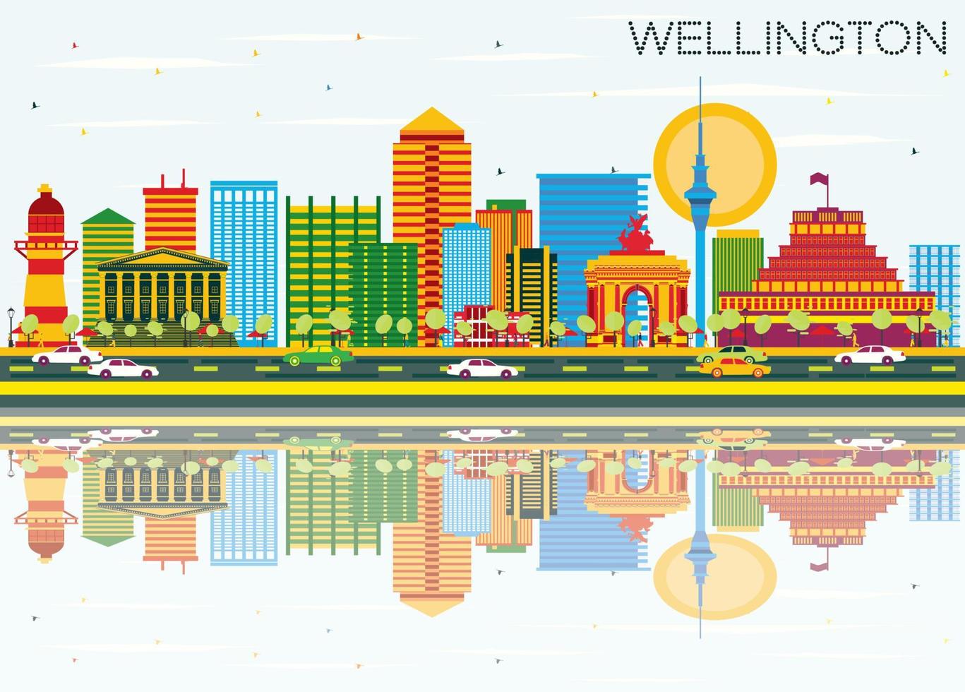 Wellington Skyline with Color Buildings, Blue Sky and Reflections. vector