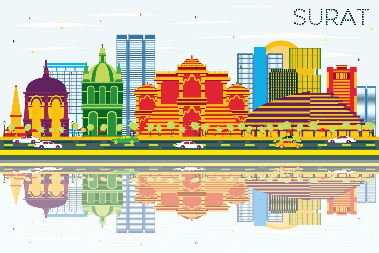 Surat Skyline with Color Buildings, Blue Sky and Reflections. vector