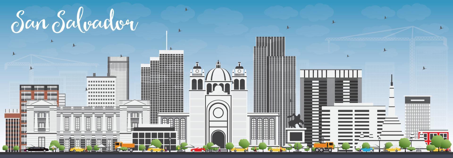 San Salvador Skyline with Gray Buildings and Blue Sky. vector