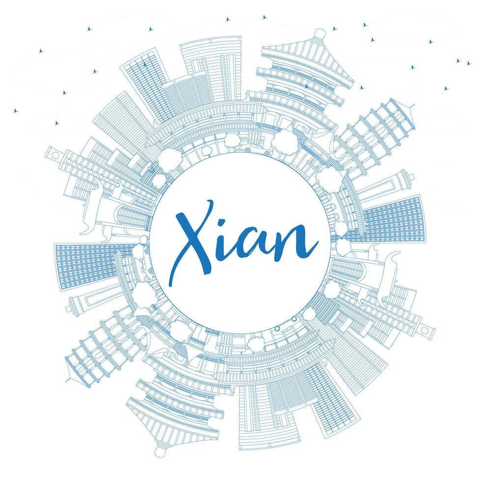 Outline Xian Skyline with Blue Buildings and Copy Space. vector