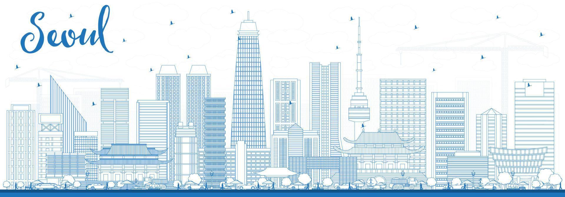 Outline Seoul Korea Skyline with Blue Buildings. vector