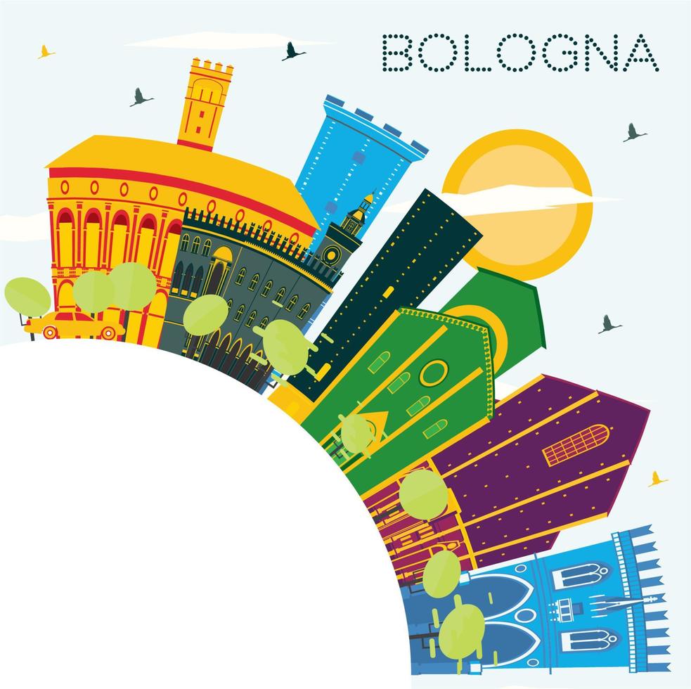 el horizonte de la ciudad de bolonia, italia, con edificios de color, cielo azul y espacio para copiar. vector