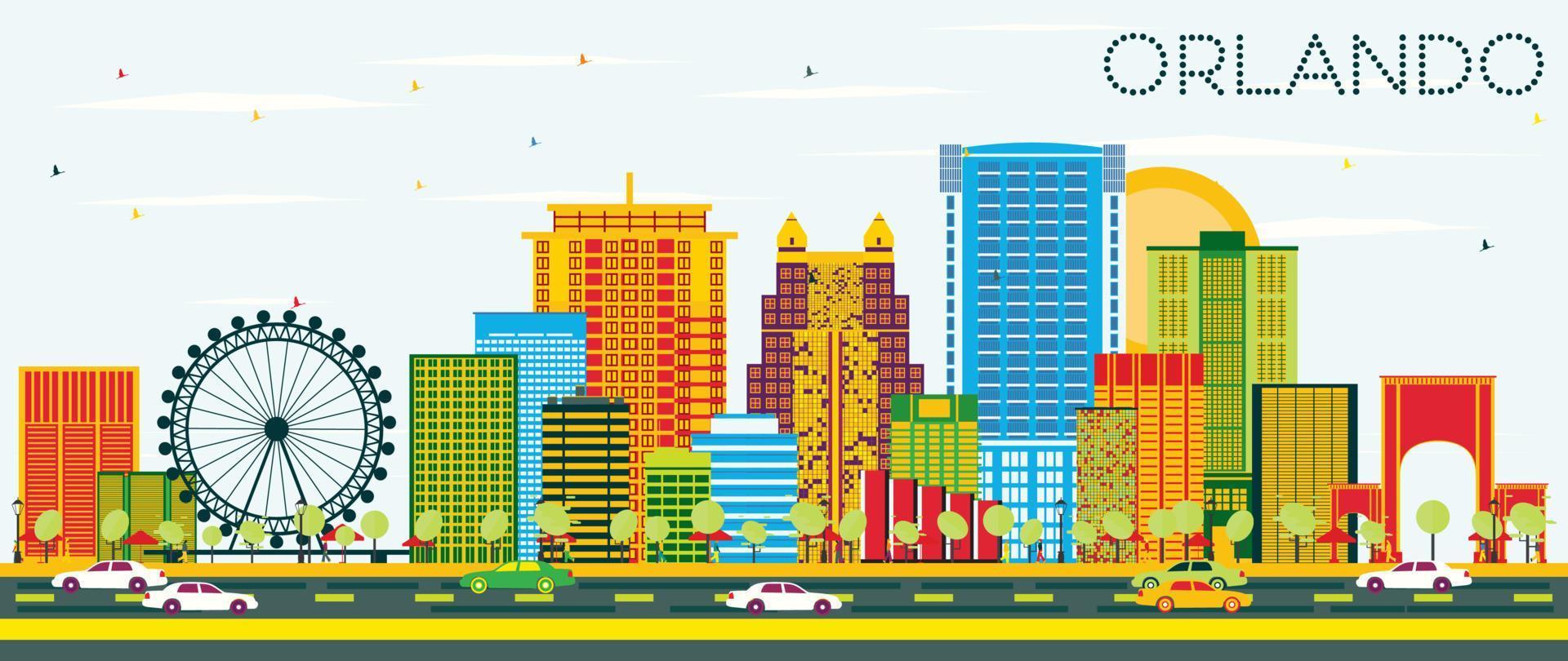 Orlando Skyline with Color Buildings and Blue Sky. vector