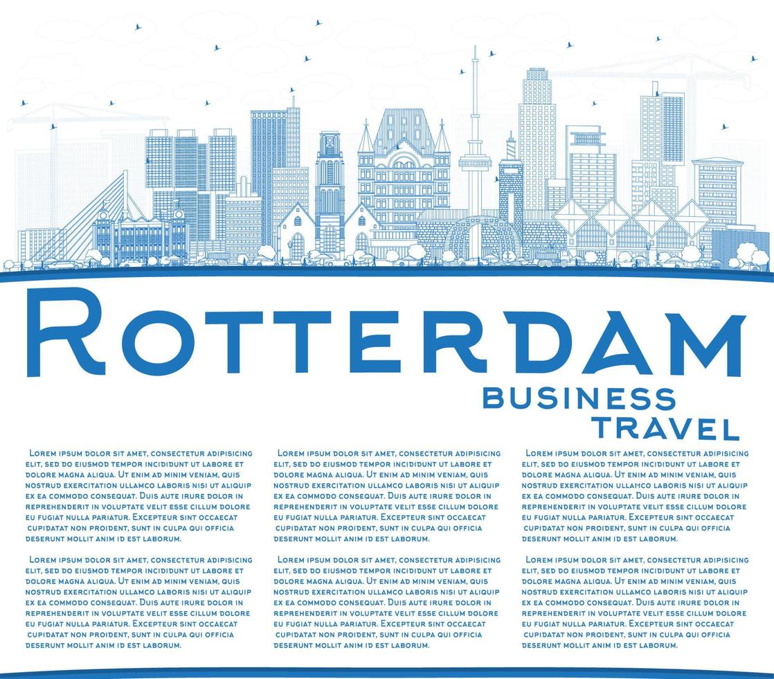 delinee el horizonte de la ciudad de rotterdam, países bajos, con edificios azules y copie el espacio. vector