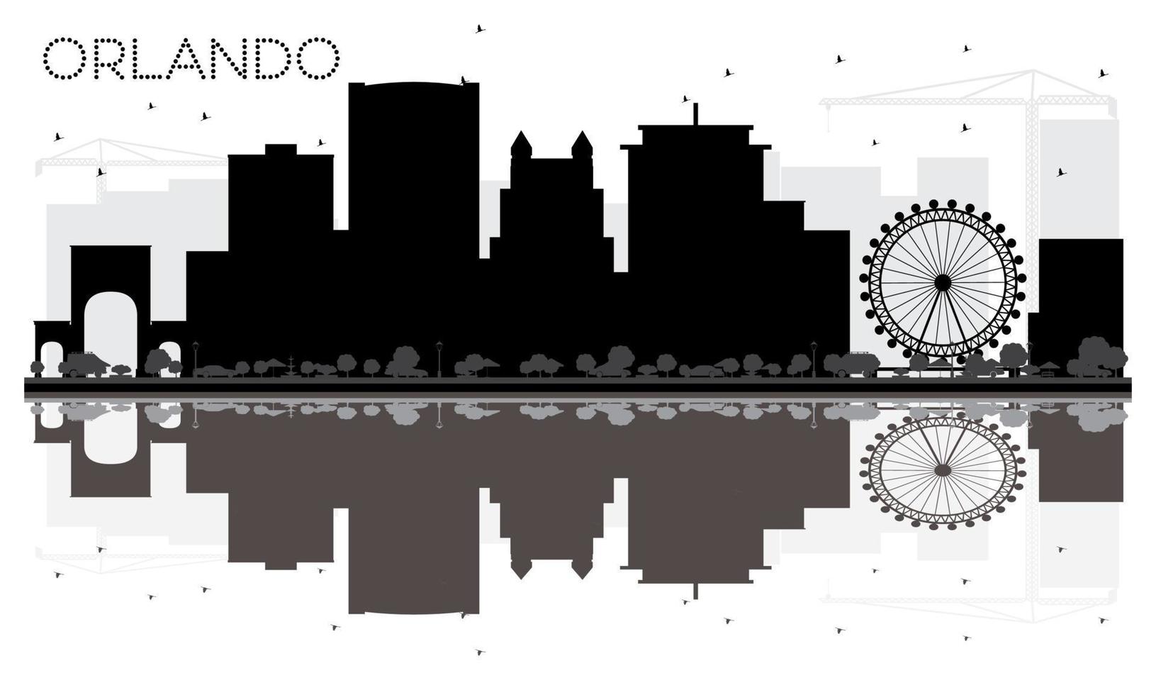 Orlando City skyline black and white silhouette with reflections. vector