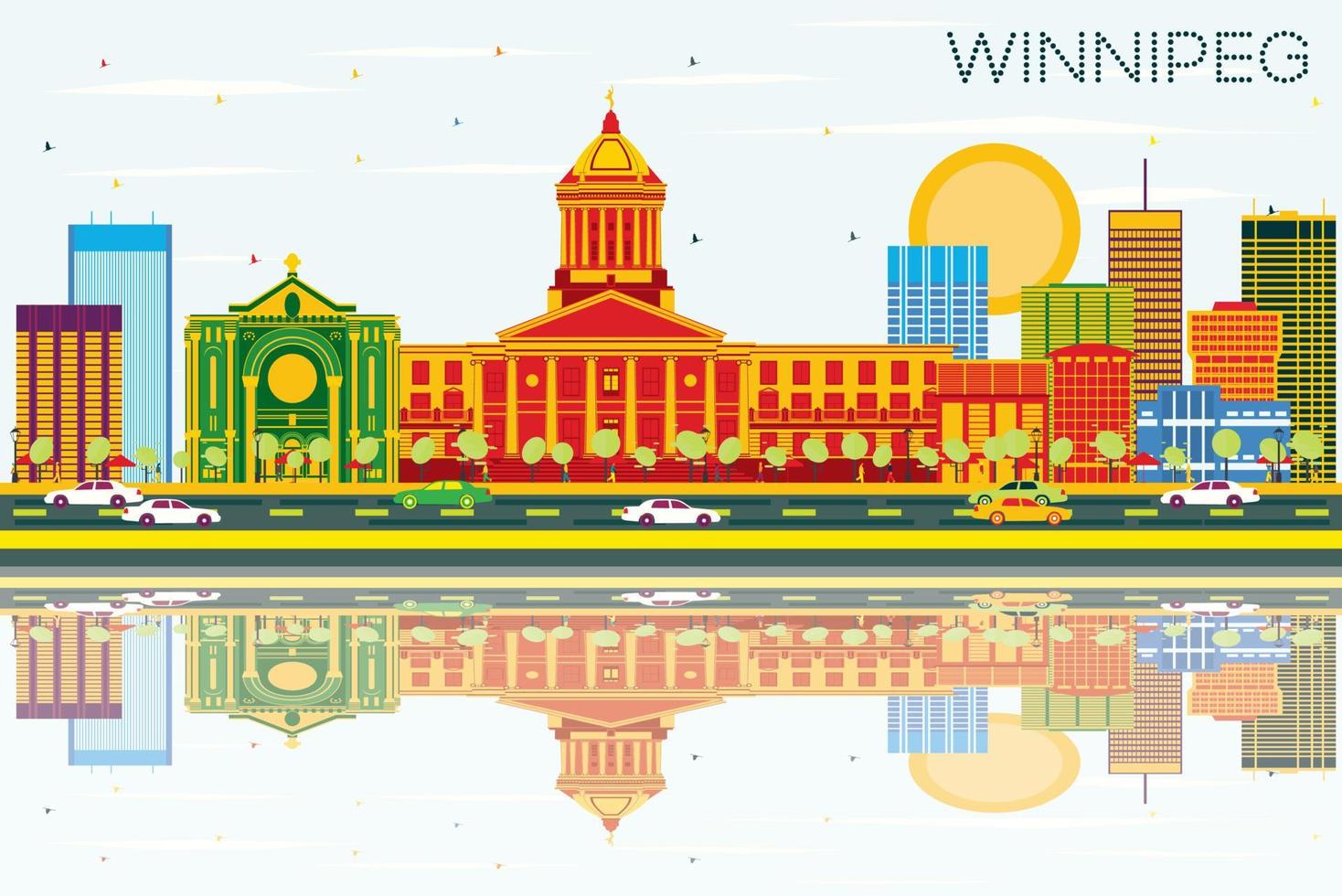 Winnipeg Skyline with Color Buildings, Blue Sky and Reflections. vector