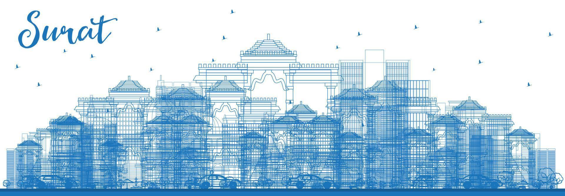 Outline Surat Skyline with Blue Buildings. vector