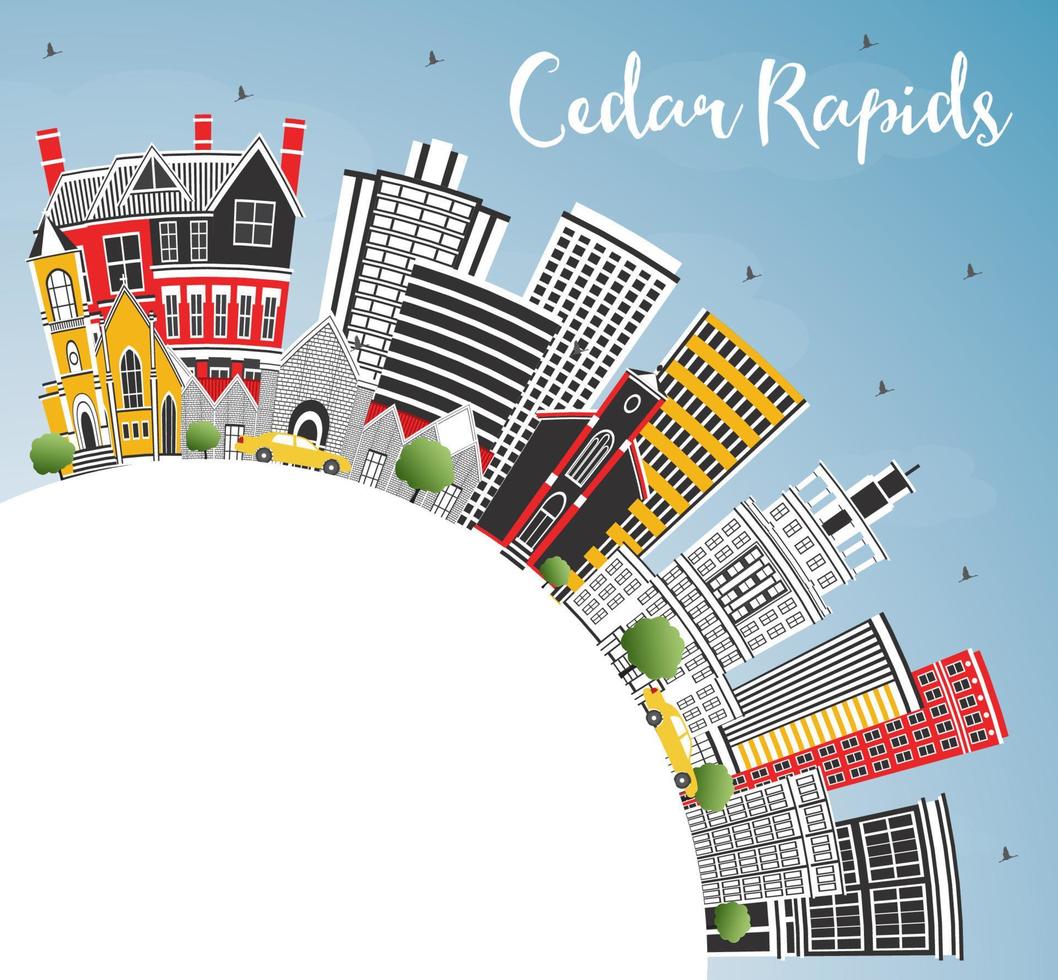 Cedar Rapids Iowa City Skyline with Color Buildings, Blue Sky and Copy Space. vector