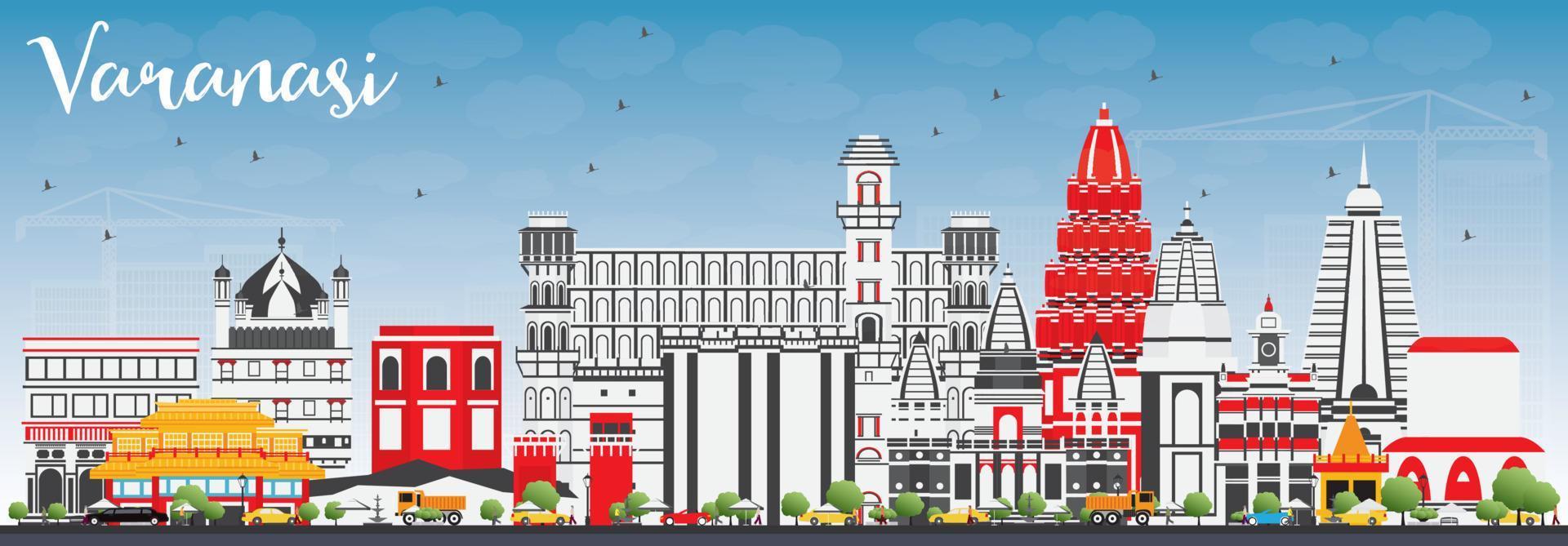 Varanasi Skyline with Color Buildings and Blue Sky. vector