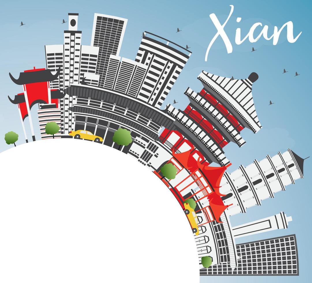 Xian Skyline with Gray Buildings, Blue Sky and Copy Space. vector