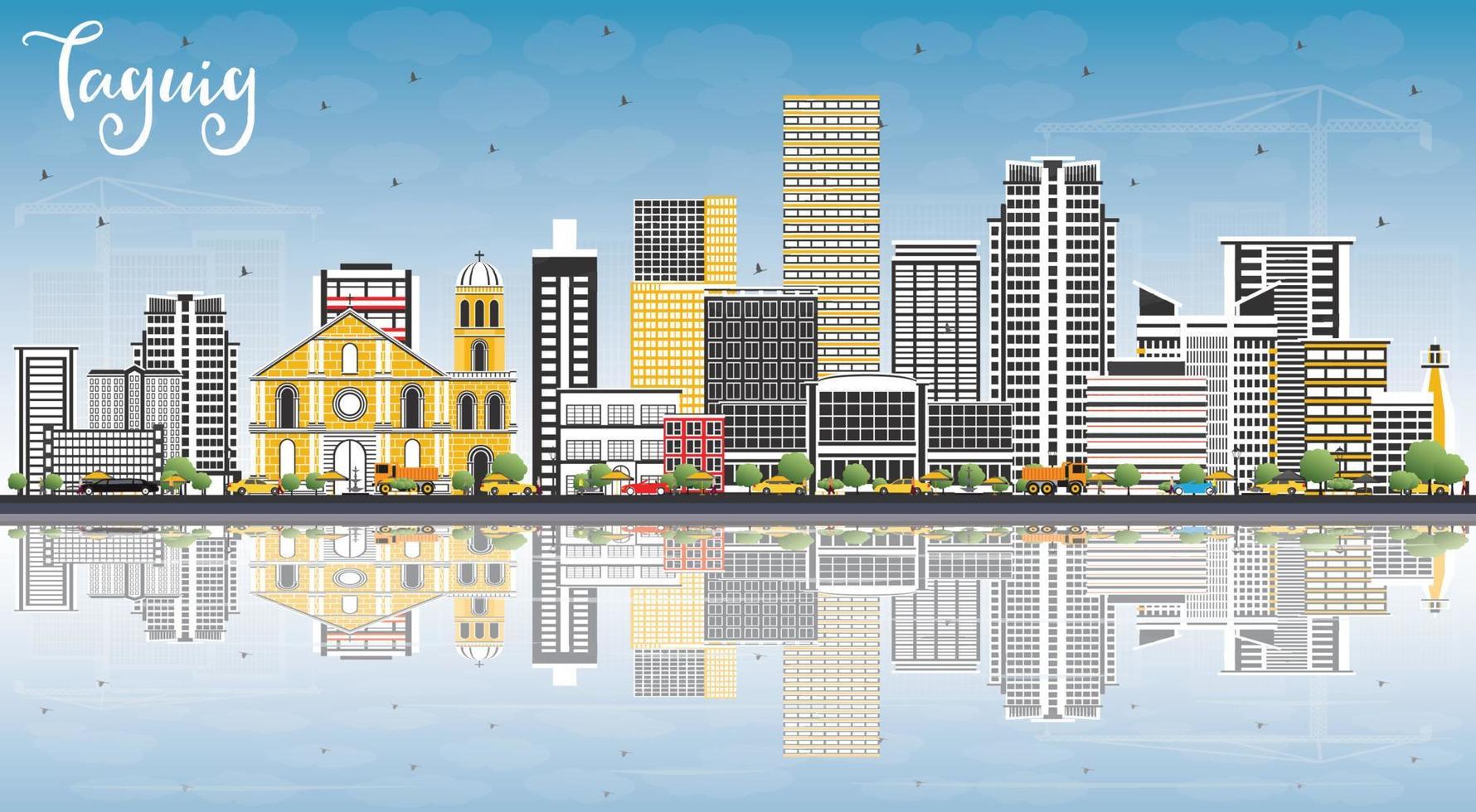 Taguig Philippines Skyline with Color Buildings, Blue Sky and Reflections. vector