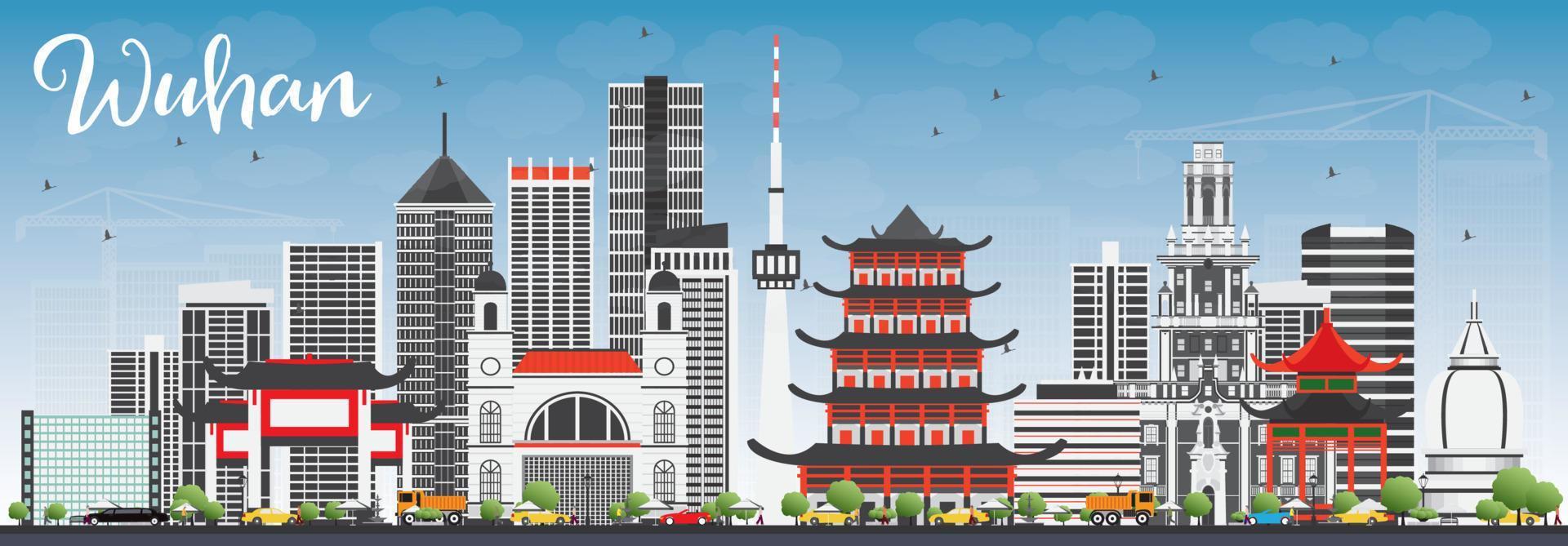 Wuhan Skyline with Gray Buildings and Blue Sky. vector