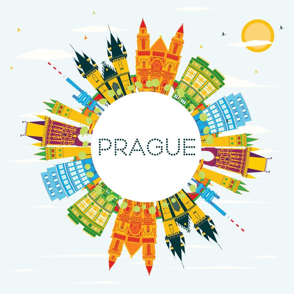 Prague Skyline with Color Buildings, Blue Sky and Copy Space. vector