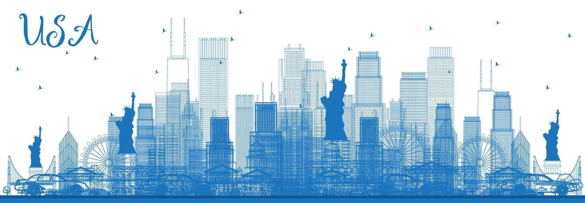 Outline USA Skyline with Blue Skyscrapers and Landmarks. vector