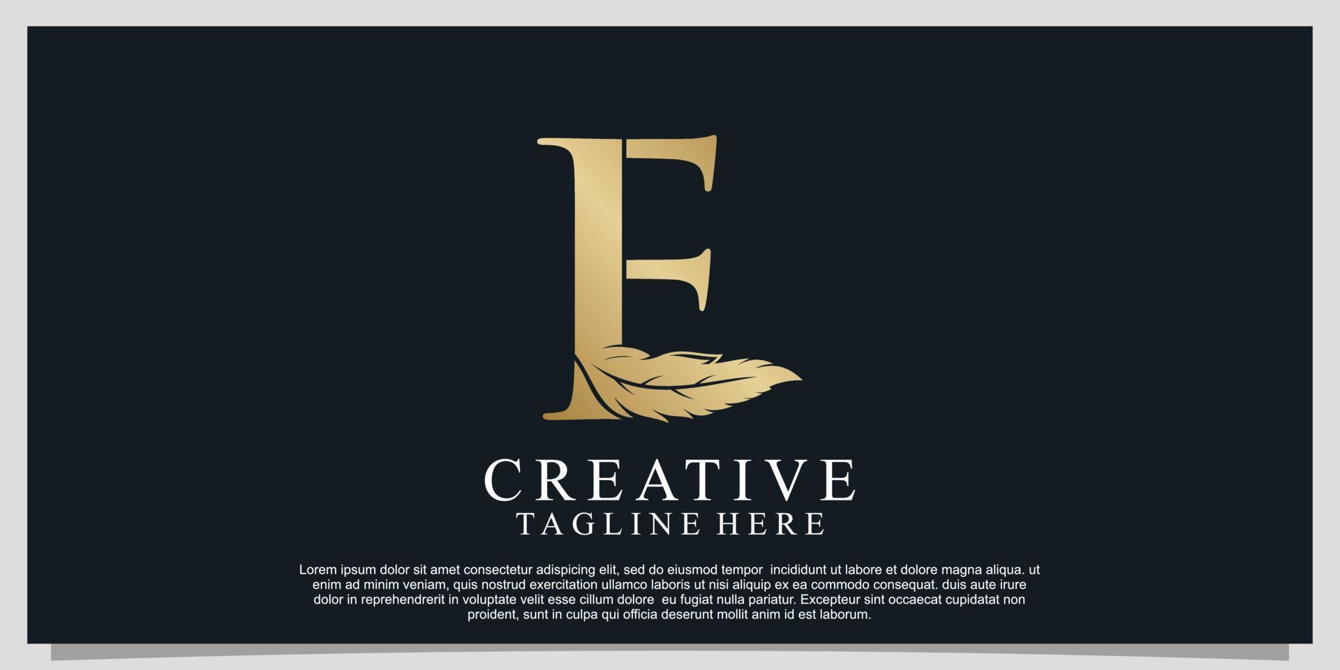 Golden letter E with unique feather combination logo design Premium Vector