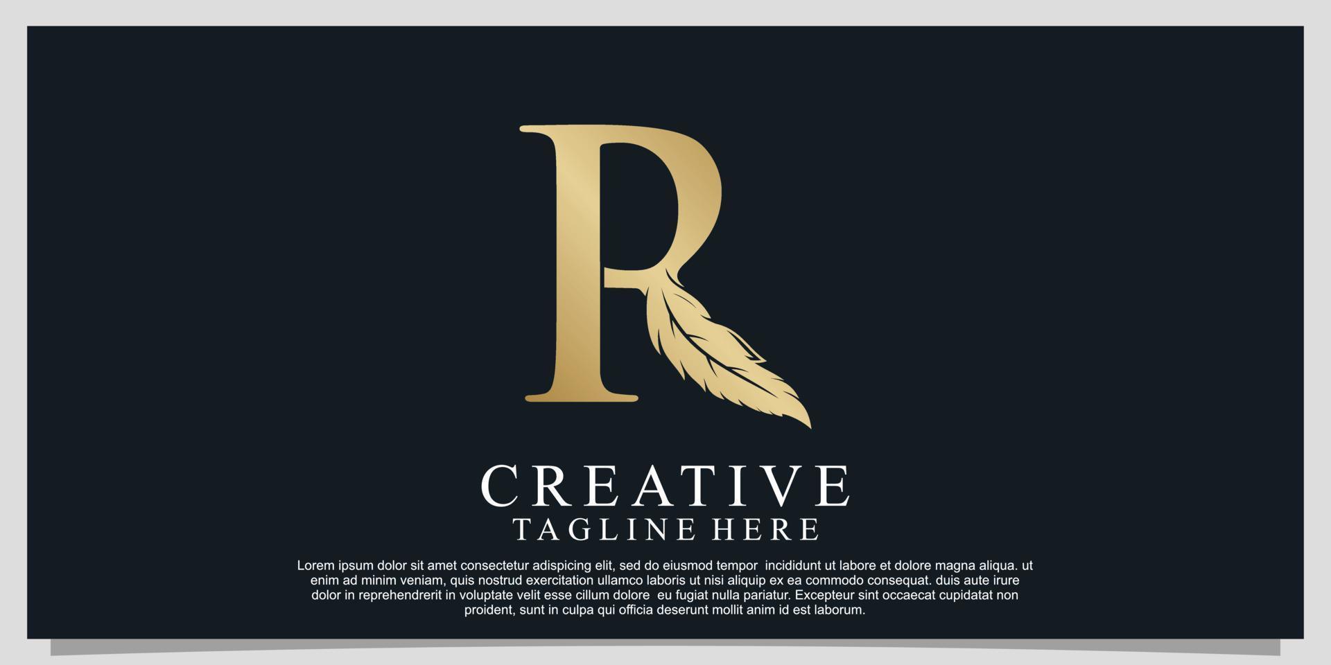 Golden letter R with unique feather combination logo design Premium Vector