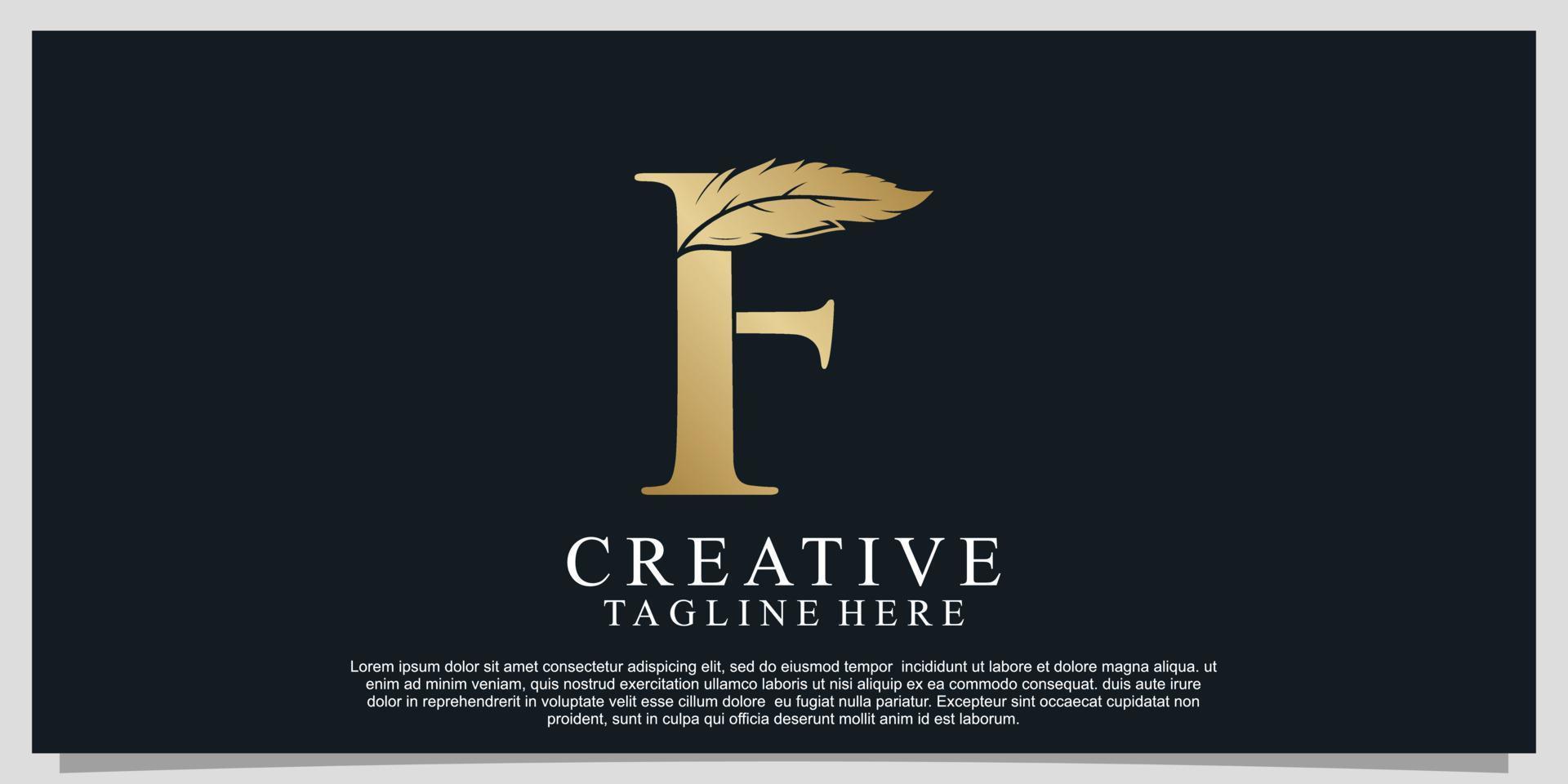 Golden letter F with unique feather combination logo design Premium Vector