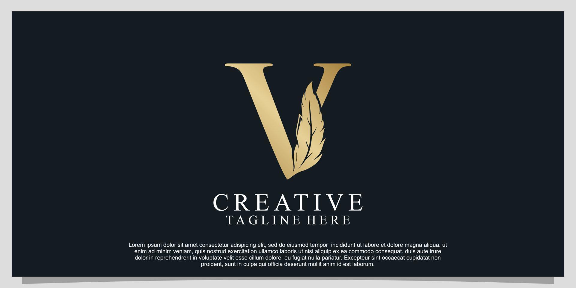 Golden letter V with unique feather combination logo design Premium Vector