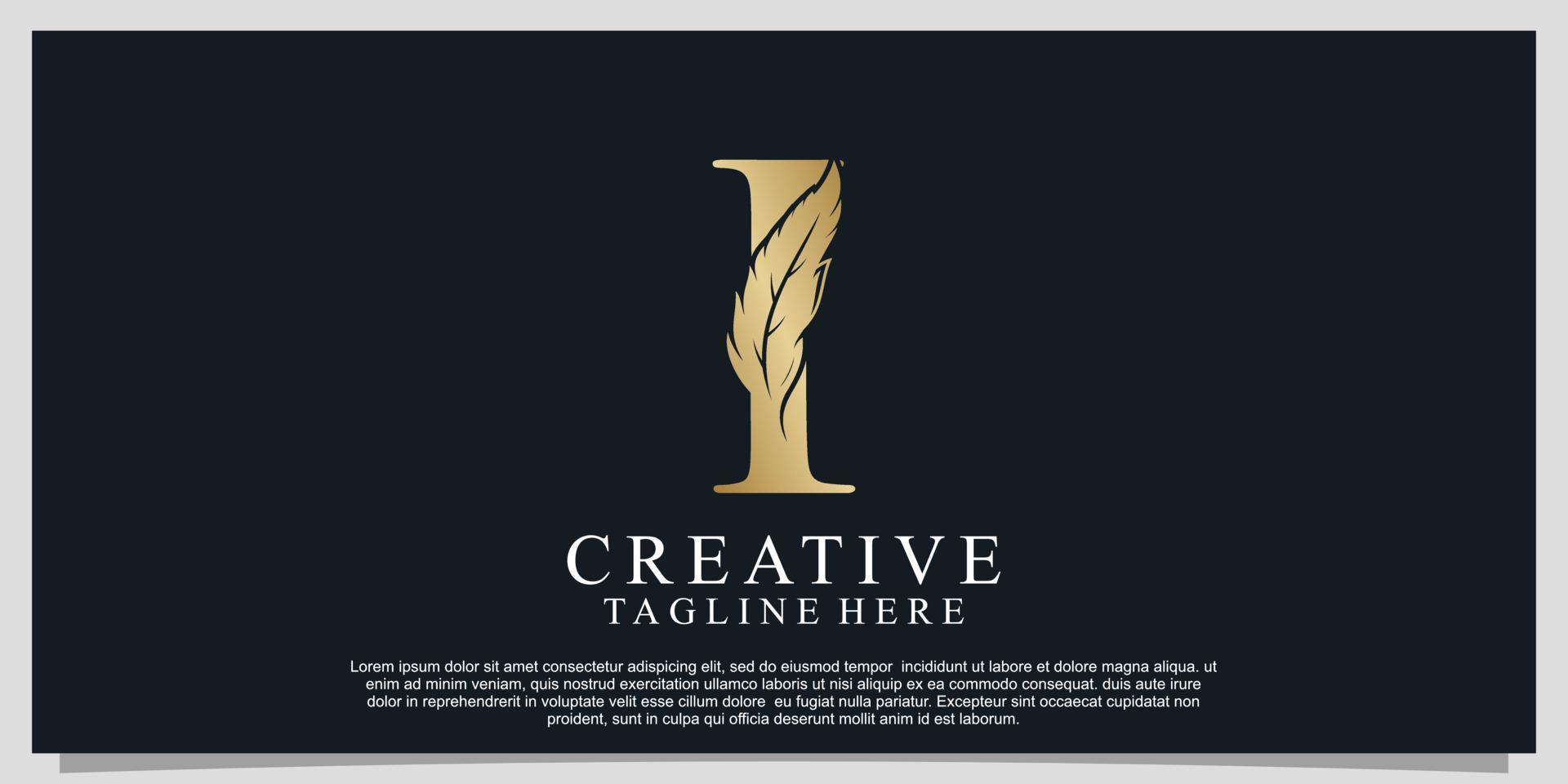 Golden letter I with unique feather combination logo design Premium Vector