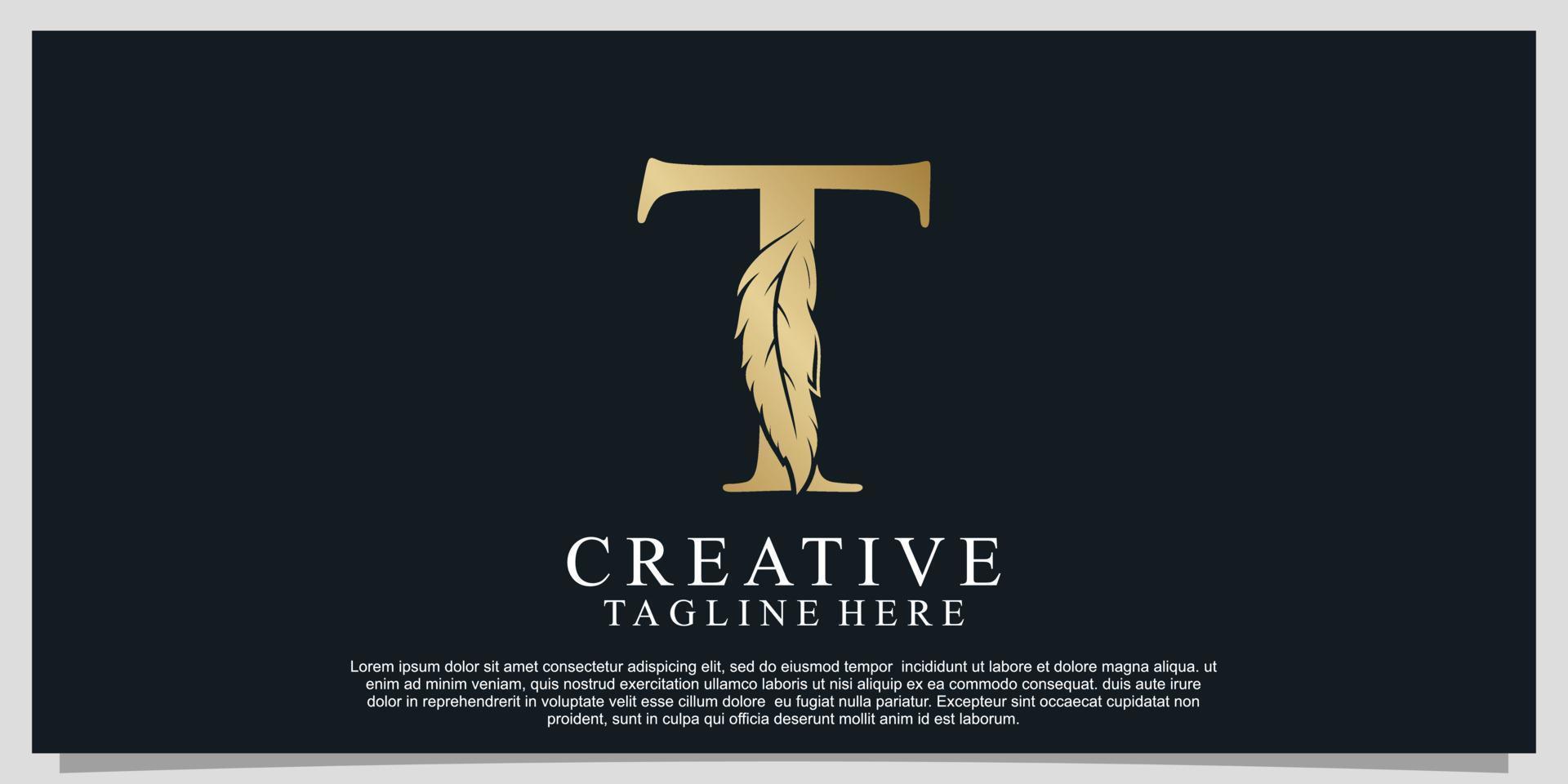 Golden letter T with unique feather combination logo design Premium Vector