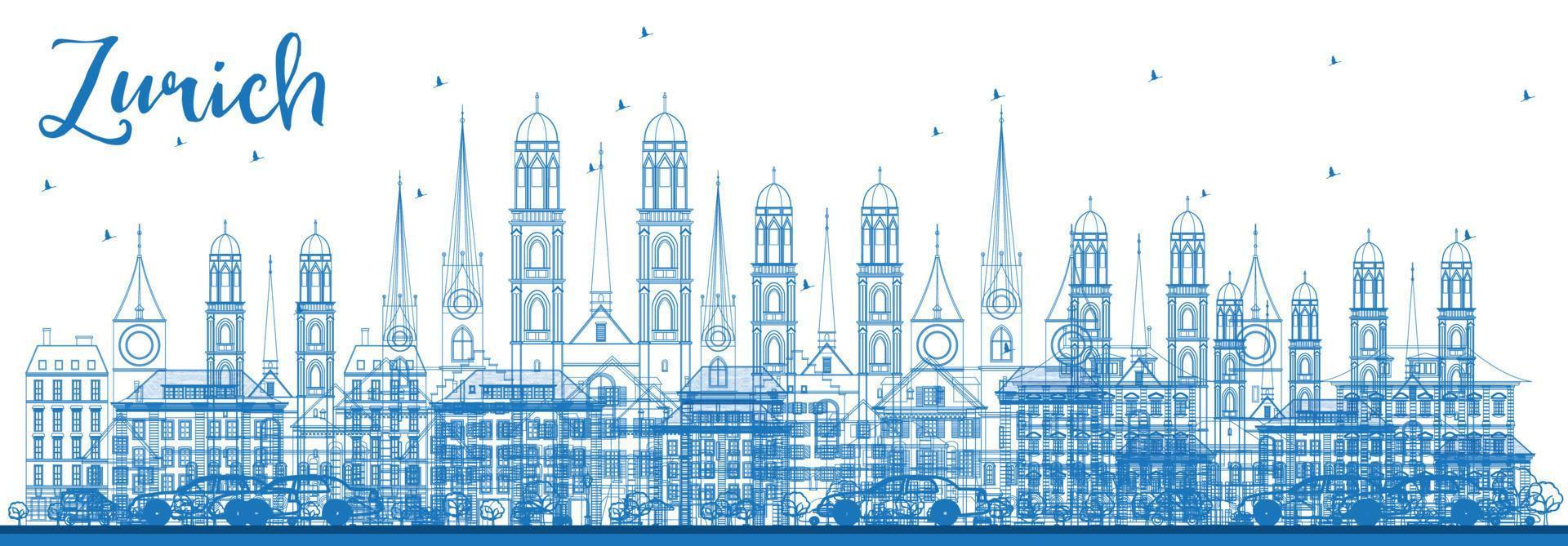 Outline Zurich Skyline with Blue Buildings. vector