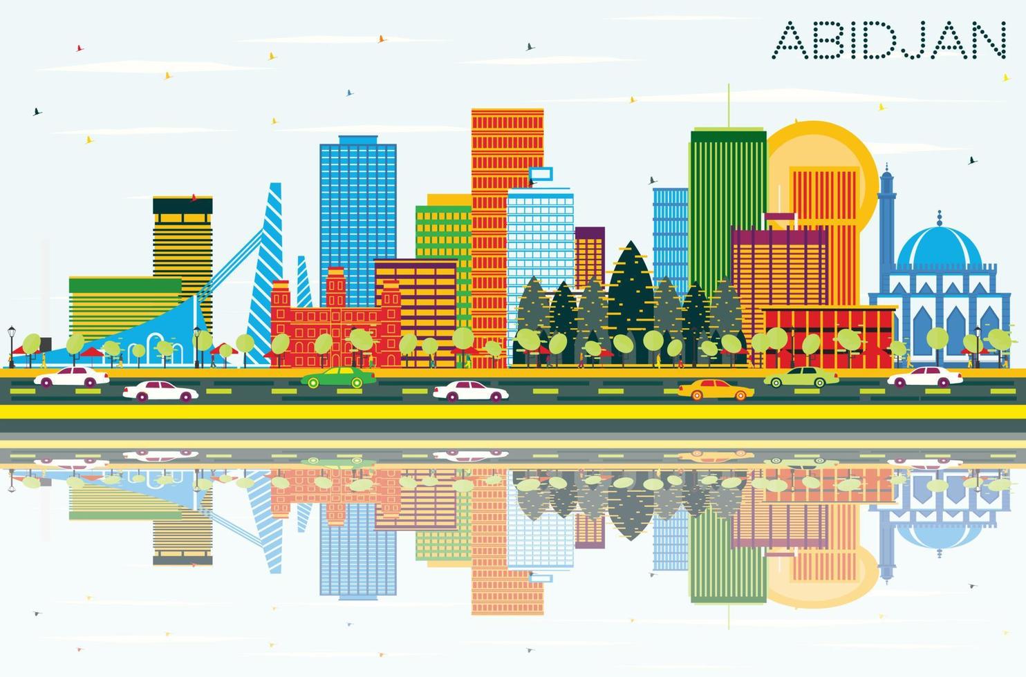 Abidjan Ivory Coast City Skyline with Color Buildings, Blue Sky and Reflections. vector