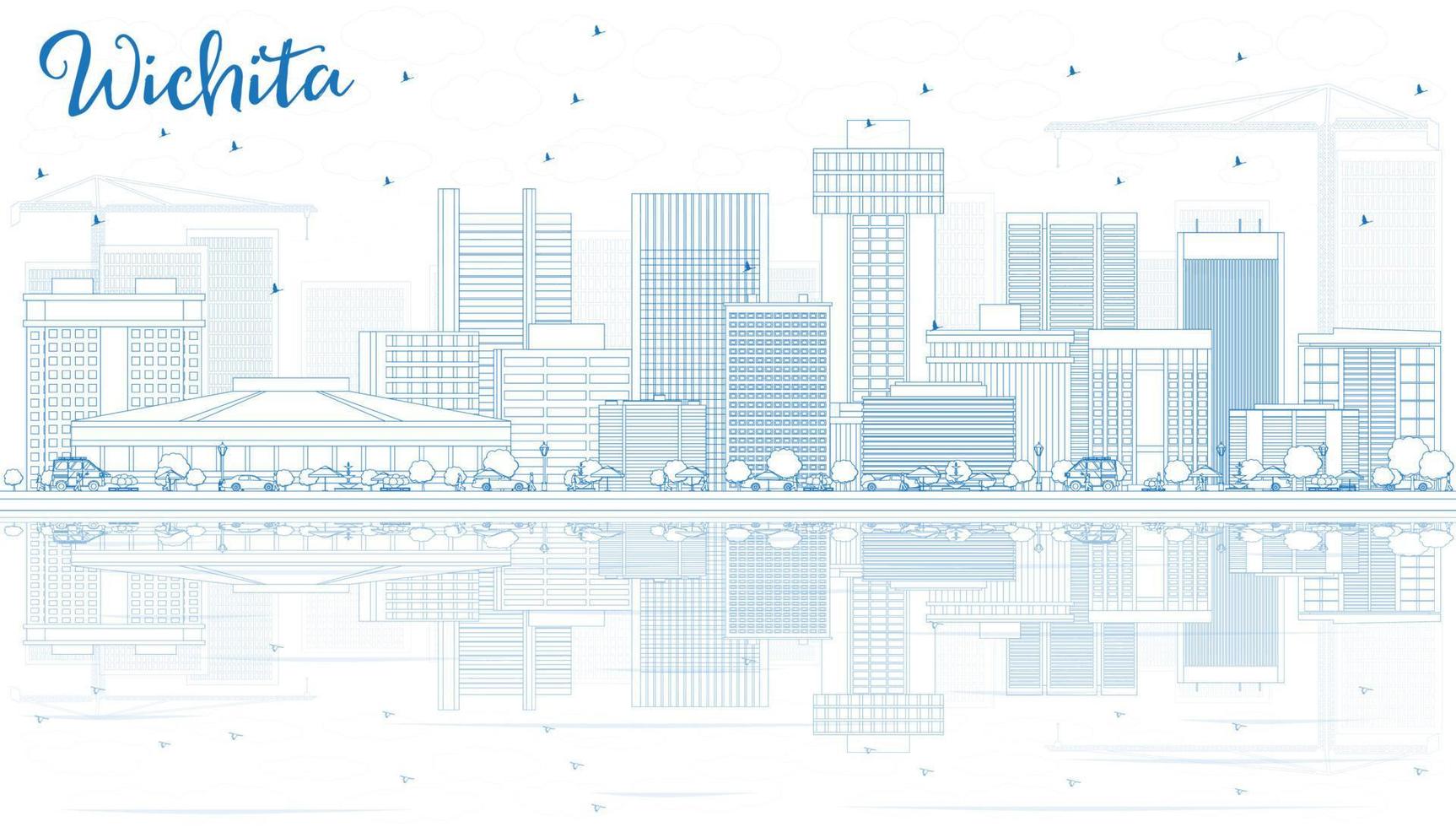 Outline Wichita Skyline with Blue Buildings and Reflections. vector