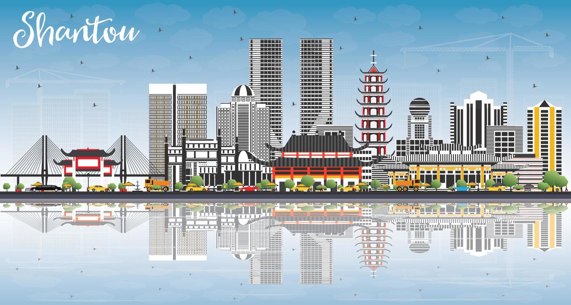 Shantou China Skyline with Gray Buildings, Blue Sky and Reflections. vector